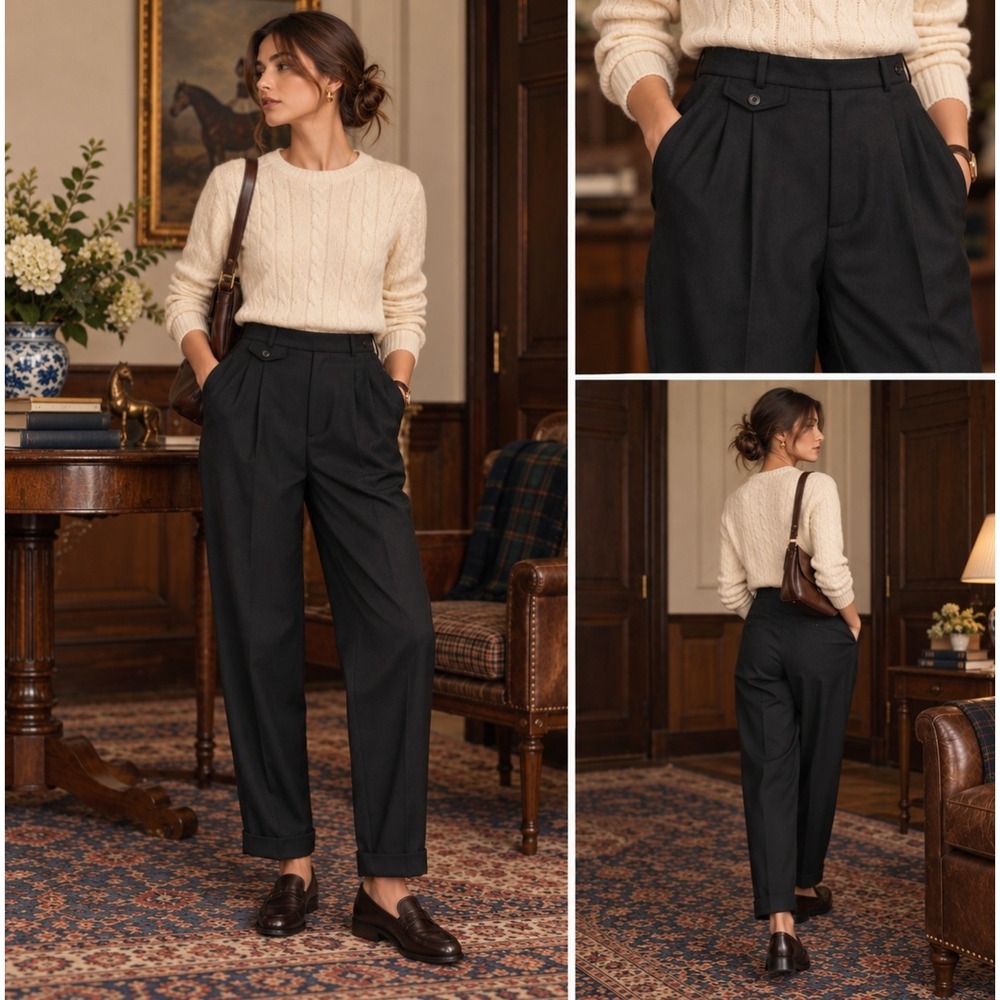 Lauren Ralph Lauren Charcoal Gray Worsted Wool Pleated Cuffed Trousers 8P 90s